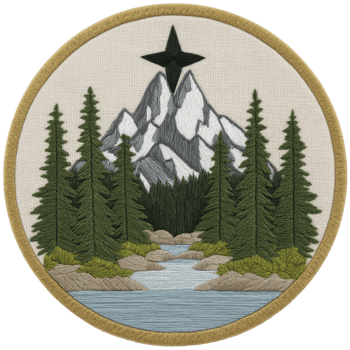 Circular embroidered patch features mountain landscape with river flowing through forest of pine trees, topped by star. design is bordered by tan edge png