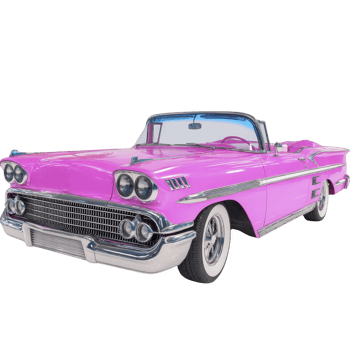 Classic pink convertible car with chrome details and whitewall tires, showcasing vintage style and elegance. car vibrant color and retro design evoke sense of nostalgia png