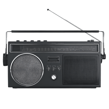 Vintage portable radio with extended antenna, featuring large speaker and various control knobs, evokes nostalgia. classic design highlights its retro appeal and functionality png
