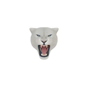 Fierce white panther head with open mouth and sharp teeth, set against transparency background, conveys sense of power and intensity png