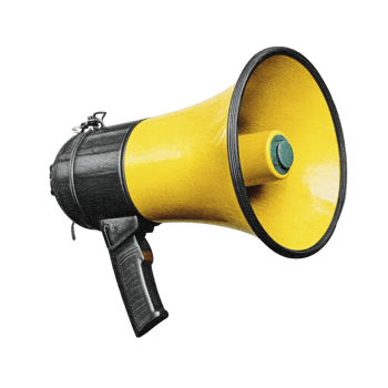 Vibrant yellow and black megaphone with textured surface is shown, featuring handle and small green button. design is bold and eye catching, ideal for announcements png