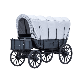 Classic covered wagon with white canvas top and wooden wheels, evoking sense of historical adventure and exploration. wagon is reminiscent of those used during American frontier era png