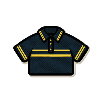 Dark polo shirt with yellow stripes and buttons is depicted in simple, flat design style. shirt features short sleeves and collar, giving it casual yet stylish appearance png