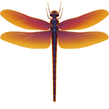 Vibrant dragonfly with gradient wings in shades of orange and purple is depicted in detailed illustration. insect delicate wings and elongated body are highlighted against transparent background png