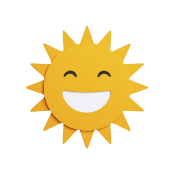 Cheerful yellow sun with smiling face and pointed rays, symbolizing happiness and warmth. simple design conveys sense of joy and positivity png