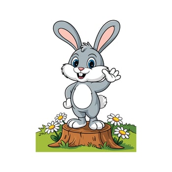 Cute Cartoon Bunny Standing on Tree Stump in Meadow with Flowers, Happy Gray Rabbit Character Waving, Spring Animal Illustration Isolated on White Background vector