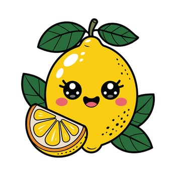 Cute Smiling Lemon Cartoon with Big Eyes and Slice, Fun Kawaii Fruit Character Illustration for Kids, Summer, Food, Juicy and Fresh Design. vector