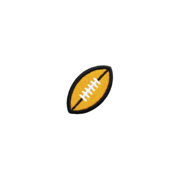 Small embroidered patch in shape of American football, featuring yellow and white design, is displayed on plain background. patch is oval with detailed stitching png