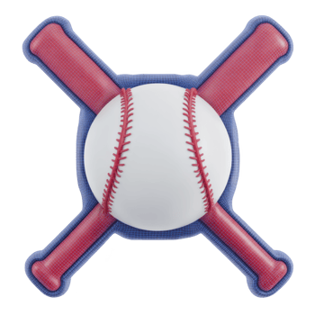 Baseball with red stitching is crossed by two red bats, creating sporty and dynamic emblem. design is bold and colorful, perfect for representing baseball enthusiasm png