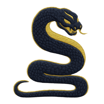 Coiled snake with menacing expression is depicted in stylized, embroidered design, featuring dark and gold colors. snake tongue is extended, adding to its fierce appearance png