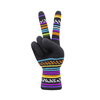 Colorful knitted glove displays peace sign with vibrant stripes and patterns, creating playful and cheerful vibe. glove design features mix of colors including orange, purple, and blue png