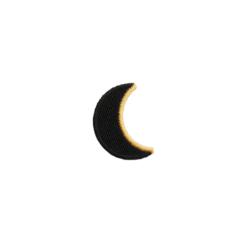 Crescent moon patch with black and gold design is isolated on transparency background, showcasing its simple yet elegant embroidery png