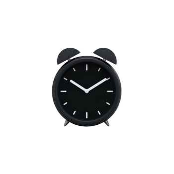 Classic black alarm clock with minimalist design, featuring two bells on top and simple clock face with white hour and minute hands. clock exudes vintage yet modern aesthetic png