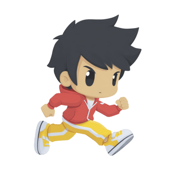 This features cute cartoon character with spiky black hair, wearing red hoodie and yellow pants, running energetically. character has determined expression, adding dynamic feel to scene png