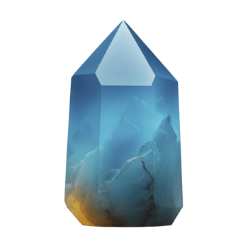 Mesmerizing blue crystal with pointed top and gradient of colors from blue to orange at base, resembling serene landscape png