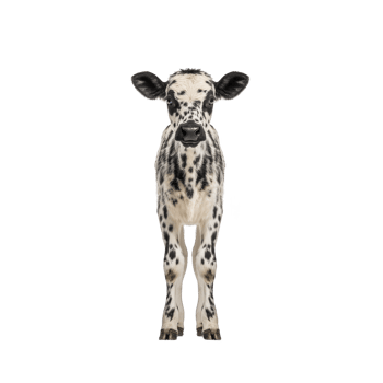Young, black and white spotted calf stands facing forward against plain background, showcasing its distinctive markings and curious expression png