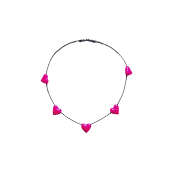 Delicate necklace featuring vibrant pink heart shaped beads on thin chain, perfect for adding playful touch to any outfit. bright colors and simple design make it charming accessory png
