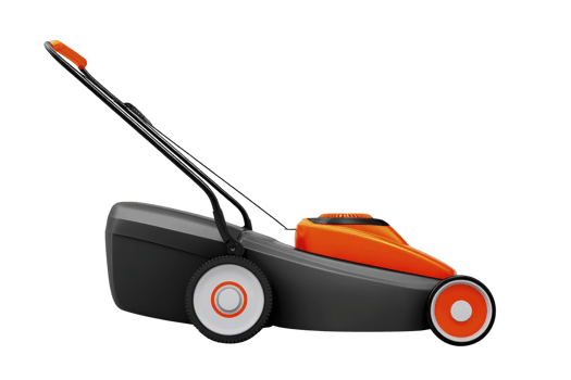 Modern electric lawn mower with sleek design, featuring black and orange color scheme, large wheels, and ergonomic handle for easy maneuverability png