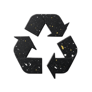 Recycling symbol with terrazzo texture and speckled design, featuring black, white, and gold colors, representing sustainability and eco friendly practices png