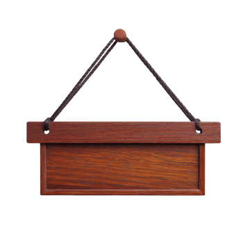 Wooden hanging sign with dark brown finish and rope for suspension, perfect for rustic decor or personalized messages. wood grain adds natural touch png