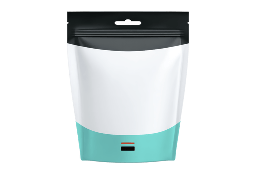 Sleek, modern stand up pouch with resealable zipper, featuring minimalist design in white and teal, ideal for packaging food or other products png