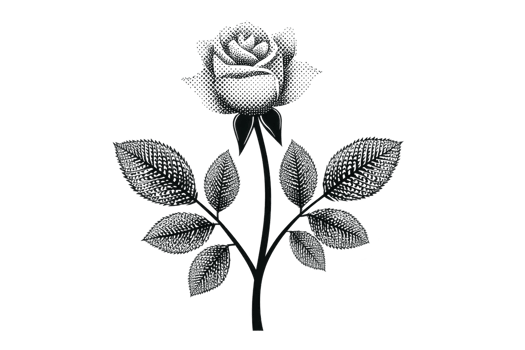 Detailed black and white illustration of rose with leaves, showcasing intricate line work and texture. design is elegant and classic, capturing beauty of flower in stylized manner png