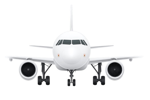 Front view of white commercial airplane with landing gear visible, showcasing its sleek design and powerful engines. aircraft is set against transparent background, emphasizing its modern png