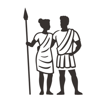 Two ancient figures stand side by side, one holding spear, both dressed in traditional attire, evoking sense of history and strength png
