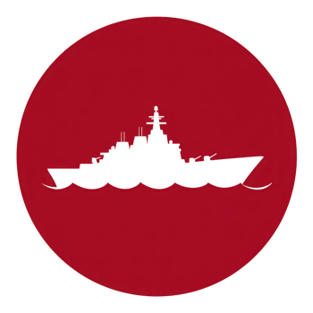 Silhouette of battleship is centered against bold red circular background, creating striking and dramatic contrast. design is simple yet powerful, evoking sense of strength and authority png