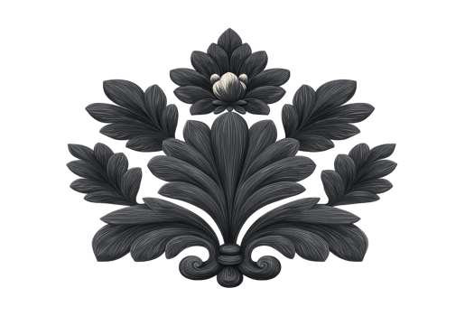 Intricate black floral design with central blooming flower and surrounding leaves, showcasing detailed patterns and elegant symmetry. design exudes classic and artistic feel png