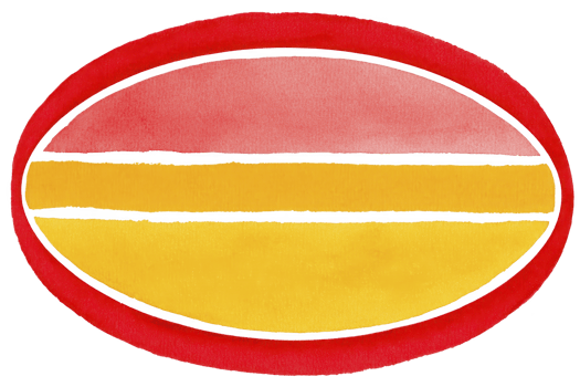 Watercolor illustration of oval shape with red border, divided horizontally into two sections top half is pink, and bottom half is yellow. design is simple and colorful png