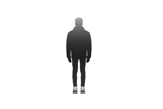 Silhouette of person wearing jacket and sneakers stands against transparency background, creating minimalist and mysterious atmosphere. figure posture is relaxed, suggesting calmness png