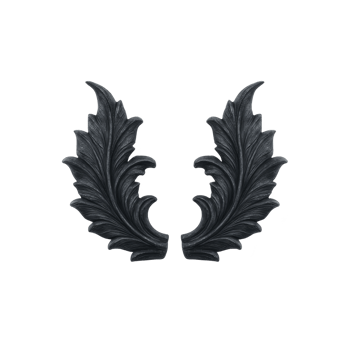Ornate black leaf design with intricate detailing, resembling pair of symmetrical wings. elegant pattern features classic acanthus motif, often used in decorative arts and architecture png