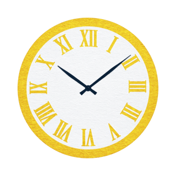 Round wall clock with yellow border and Roman numerals displays classic design. clock hands are black, contrasting with white face, creating timeless and elegant appearance png
