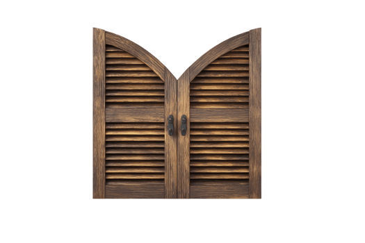 Wooden saloon doors with rustic design and arched tops, featuring horizontal slats and metal handles, evoke classic Western style. Perfect for adding vintage charm to interiors png