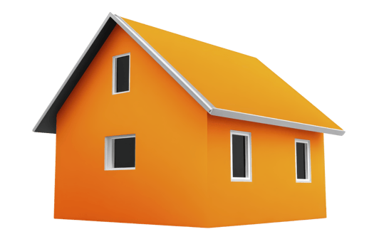 Modern, vibrant orange house with simple design and white framed windows, showcasing minimalist architectural style. house has pitched roof and clean, geometric structure png