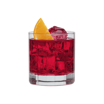 Vibrant red cocktail in clear glass with ice cubes and orange slice garnish, perfect for refreshing drink. rich color and citrus accent create inviting appearance png