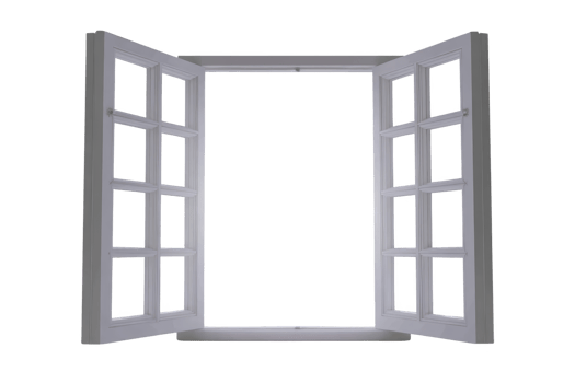 Open white window frame with multiple panes creates sense of openness and possibility. minimalist design and clean lines offer modern aesthetic, inviting light and air png