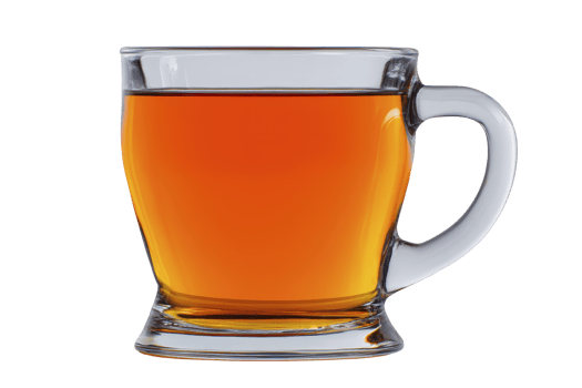 Clear glass mug filled with warm, amber colored tea, showcasing its rich hue and inviting aroma. transparent mug highlights tea clarity and depth, creating cozy and comforting atmosphere png