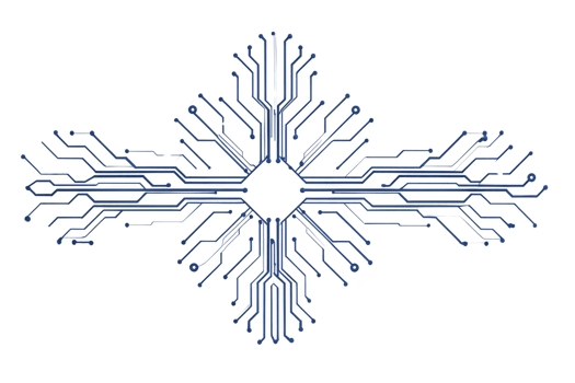 Complex circuit board design forms symmetrical pattern, resembling snowflake. intricate blue lines and connections create futuristic and technological aesthetic png
