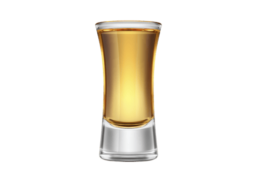 Tall shot glass filled with golden liquid, likely whiskey or tequila, stands against transparency background, highlighting its clarity and rich color png