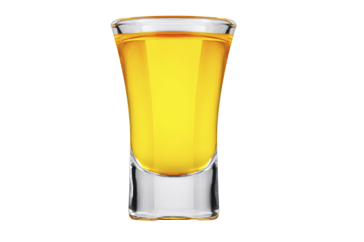Clear glass shot glass filled with golden liquid, likely type of alcoholic beverage, stands against transparency background. vibrant color and transparency of glass highlight drink rich hue png