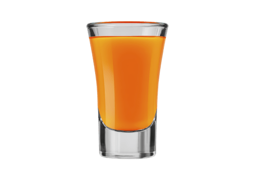 Vibrant orange liquid fills clear shot glass, creating striking contrast. glass is simple and elegant, showcasing bright color of drink, which suggests fruity or citrus flavor png