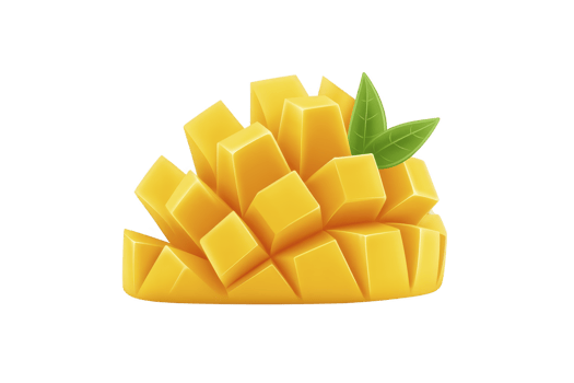 Juicy mango cubes with vibrant green leaves, showcasing fresh and tropical fruit arrangement. bright yellow color and geometric shapes create visually appealing and appetizing look png