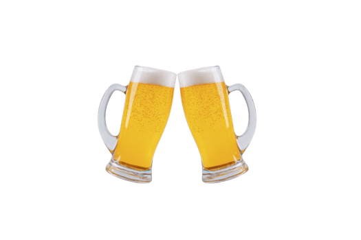 Two frothy beer mugs clinking together, filled with golden beer, symbolize celebration and camaraderie. transparent background highlights vibrant color and bubbles, enhancing festive mood png