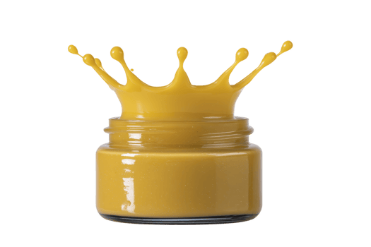 Jar of vibrant yellow paint splashes energetically, creating crown like effect above container. dynamic motion and bright color convey creativity and excitement png
