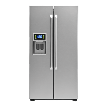 Modern stainless steel side by side refrigerator with digital display and water dispenser, ideal for contemporary kitchens. sleek design and advanced features offer convenience and style png