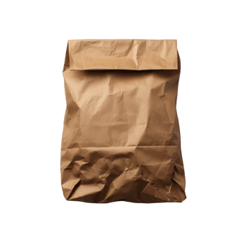 Crumpled brown paper bag with folded top, often used for carrying lunch or groceries, isolated on transparency background. texture and color give it rustic, eco friendly appearance png