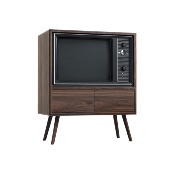 Vintage wooden television set with retro design, featuring boxy shape and control knobs, evokes nostalgia. TV stands on angled legs, showcasing mid century style png