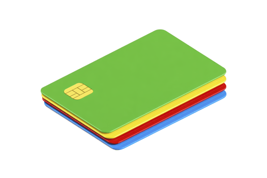 Stack of colorful credit cards, featuring green, yellow, red, and blue cards with visible chip, isolated on transparency background png